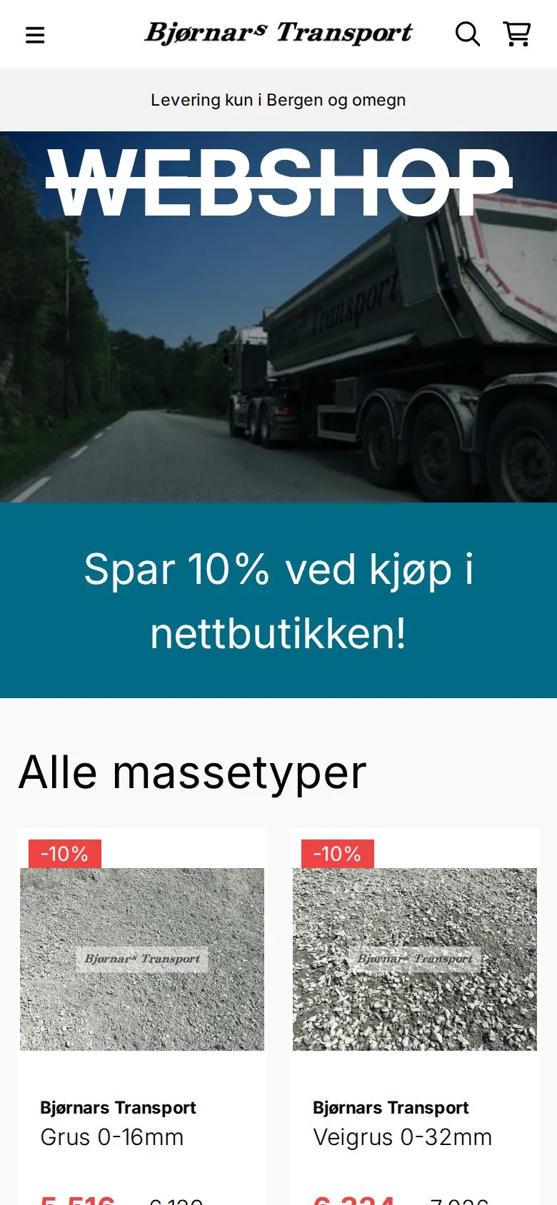 Bjørnars Transport's webshop on a phone, with a truck and 10% off gravel