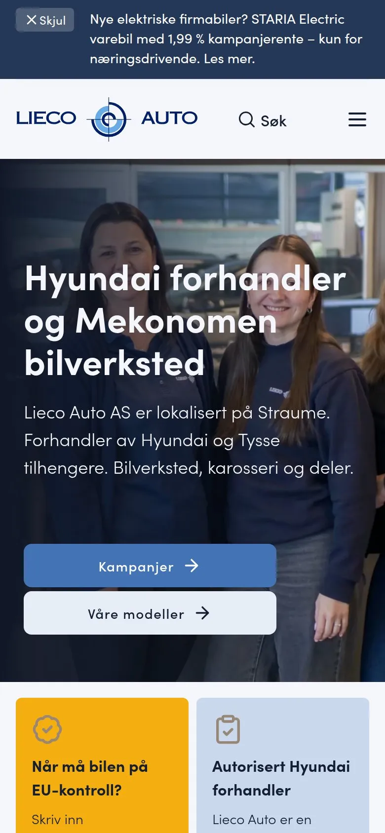 Lieco Auto's website on a phone, with Hyundai, workshop and campaigns