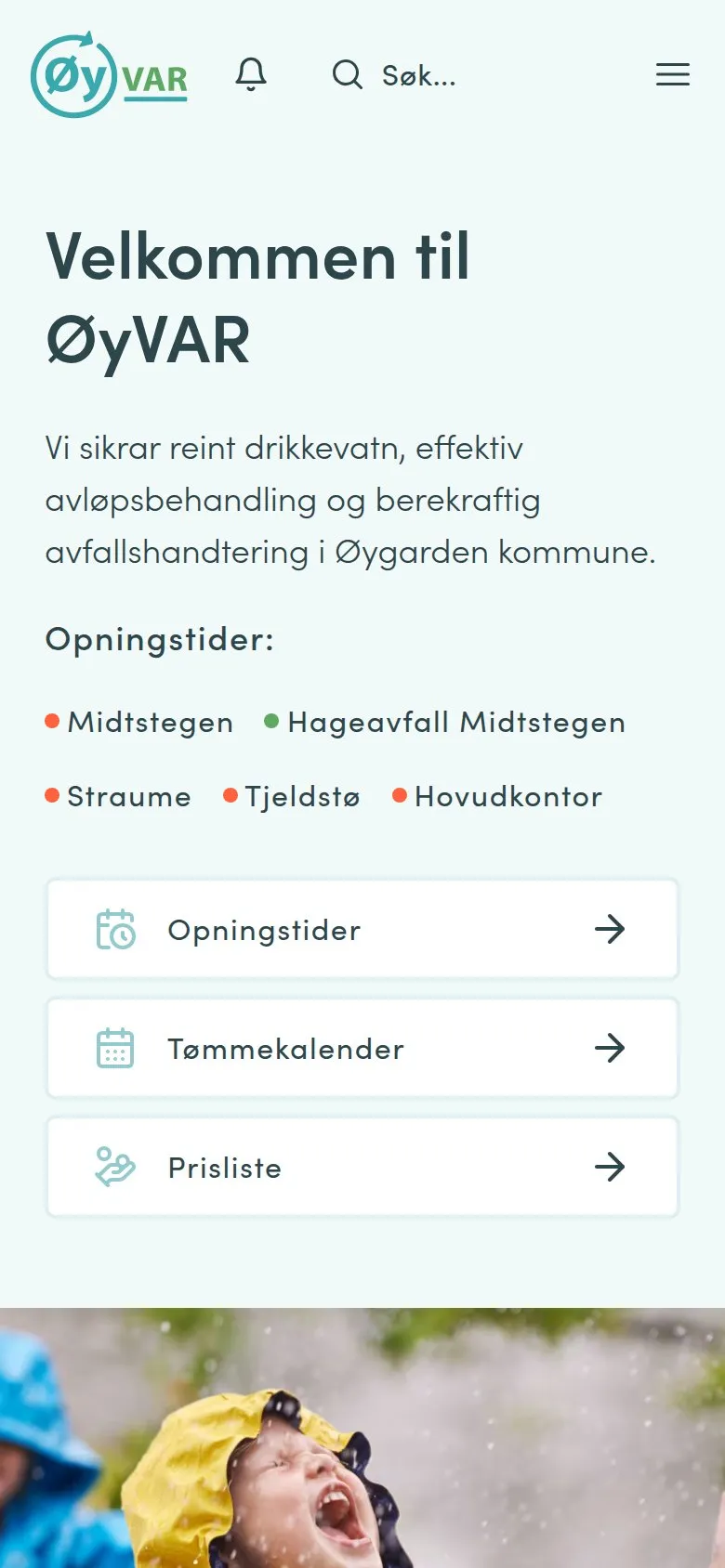 ØyVAR's website on a phone, with opening hours, collection calendar and price list