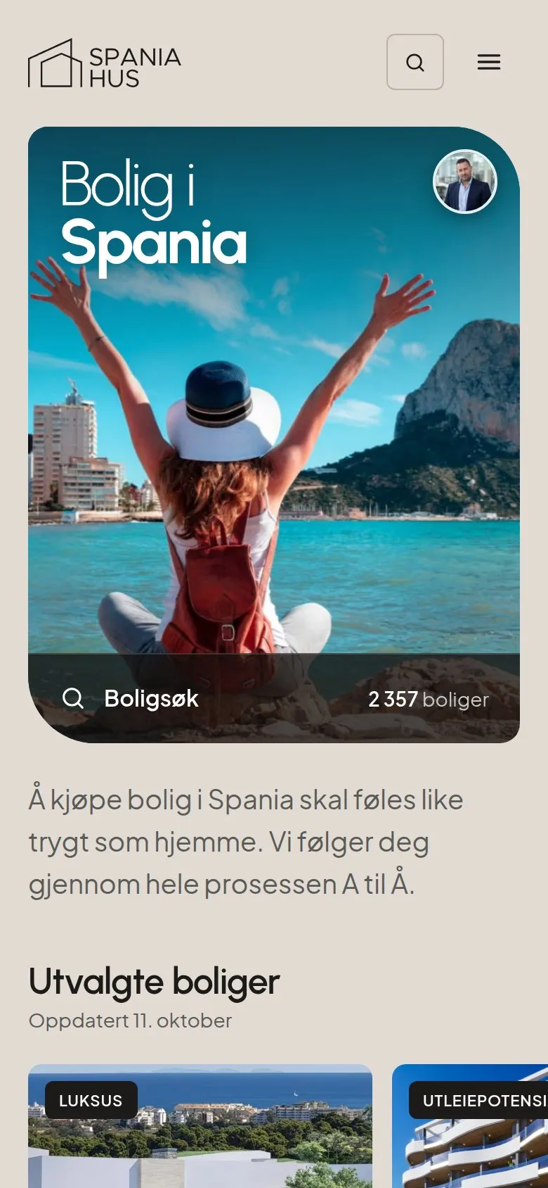 Spaniahus's website on a phone, with a home search in Spain